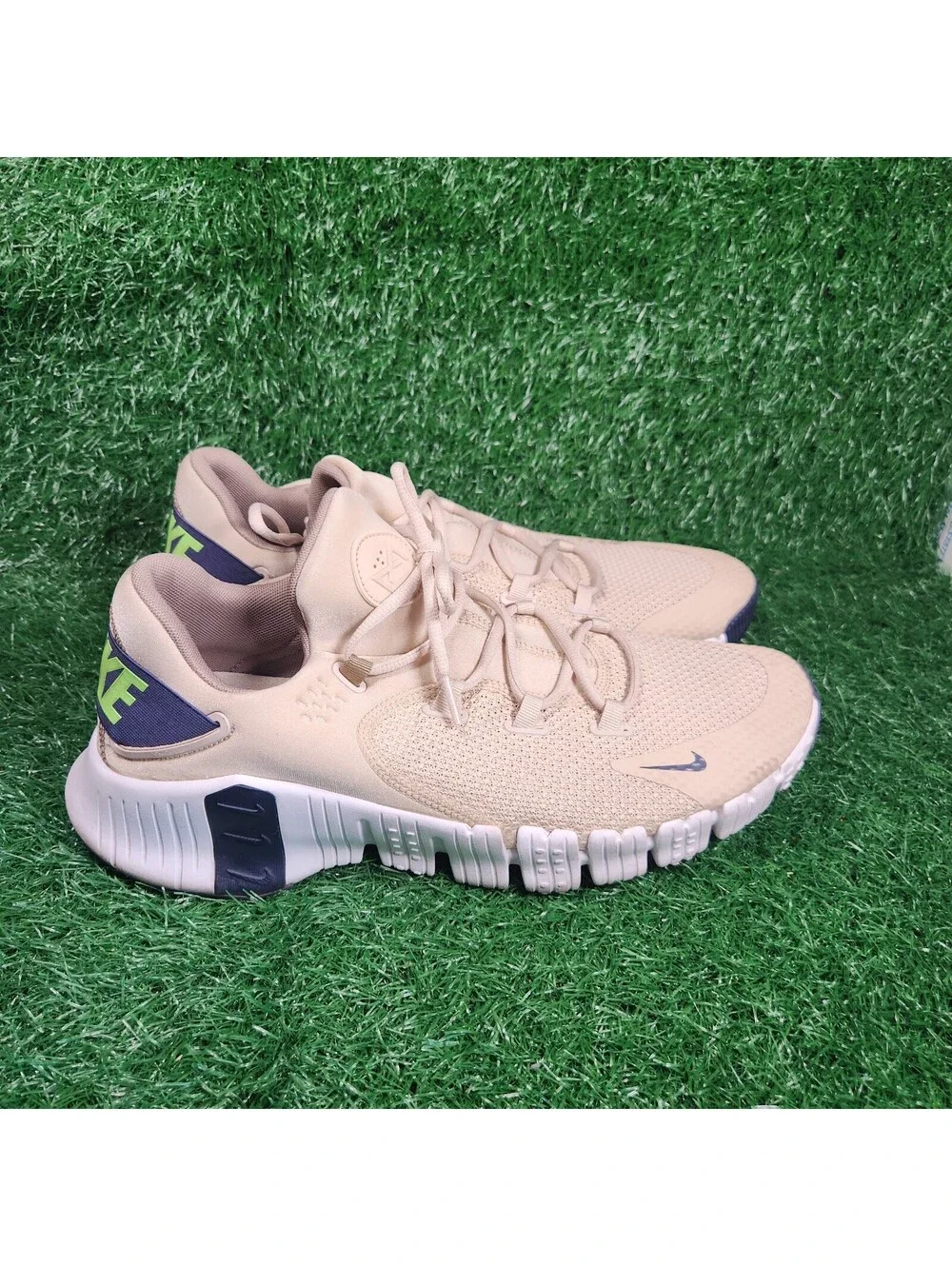 Nike Men's Athletic Sneakers Beige with Navy and Neon Green Accents